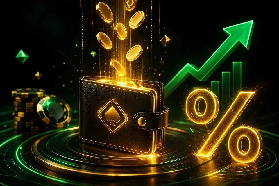 Ilustrasi dompet digital emas dengan koin mengalir masuk