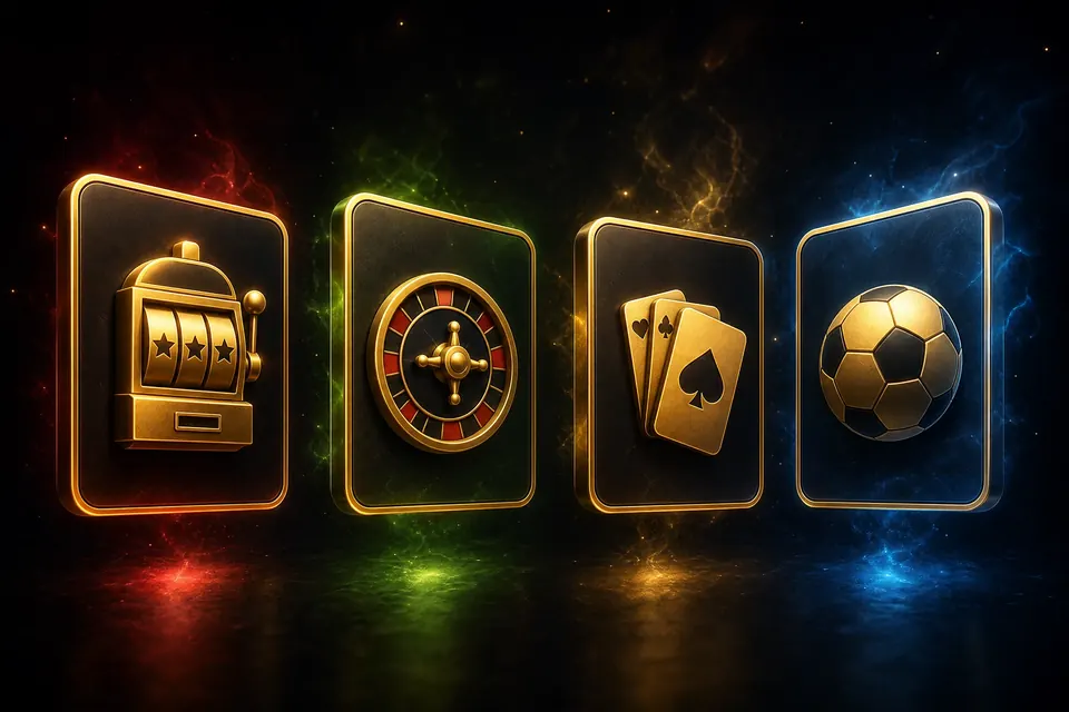 Ilustrasi lobi permainan daring dengan kartu slot, kasino, poker, dan olahraga