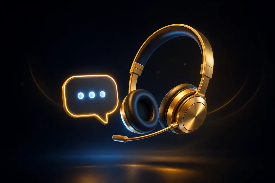 Ilustrasi headset layanan pelanggan dengan gelembung chat emas