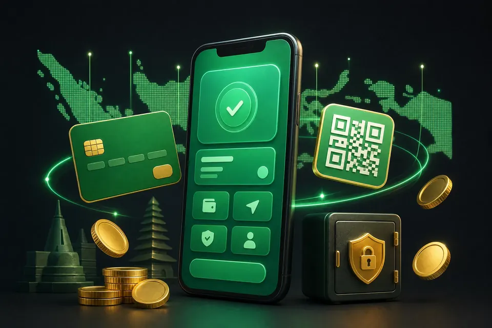Ilustrasi ponsel dengan aplikasi pembayaran dan ikon kartu bank serta QRIS
